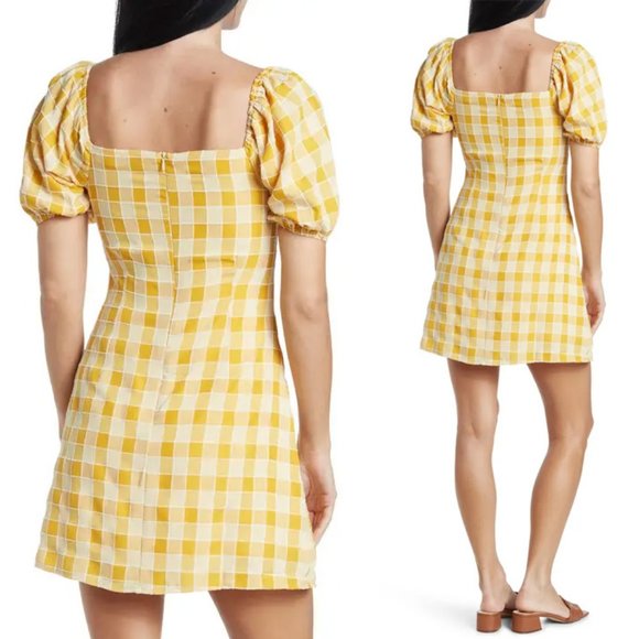 NEW Lush Checker Gingham Plaid Ruched Sweetheart Mini Dress Marigold Yellow M - Picture 4 of 8